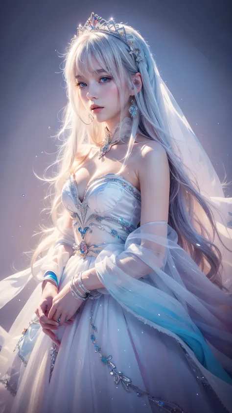 1 girl, solo, (watercolor texture), soft color, illustration anime, waved long hair, white armor, ice theme, tiara made of ice, ...