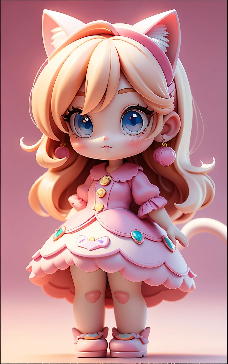 (masterpiece:1,2, cat-like mouth, pink background), best quality, masterpiece, original, extremely detailed, perfect lighting,(extremely detailed CG:1.2), 8K, 3d style,anime girl, pink skirt, blonde hair, blue eyes, very beautiful and lovely cat woman, lovely digital art ,chibi,3d rendering, c4d, blender, octane render, popular toys, blind box toys, Disney style