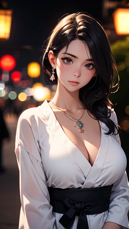 best quality, masterpiece, High resolution, a girl, yukata, necklace, jewelry, pretty face, big breasts, more than_Body, Tyndall effect, lifelike, dark studio, edge lighting, two-tone lighting, (HD skin: 1.2), 8K Ultra HD, SLR camera, soft light, high quality, Volumetric lighting, frank, photography, High resolution, 4K, 8K, Bokeh,