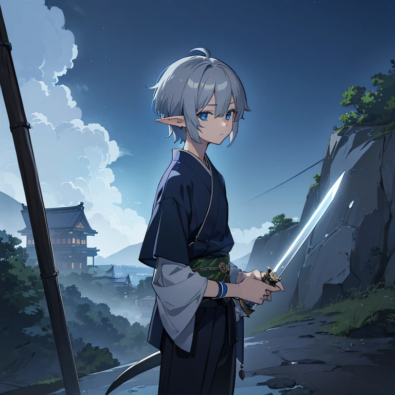 ((High resolution/high quality 8k/modern anime))、alone、(elf boy)、((dark blue eyes))、(light silver berry short hair)、slacks、Japanese-style scenery、have a sword、Staring with a sad expression、