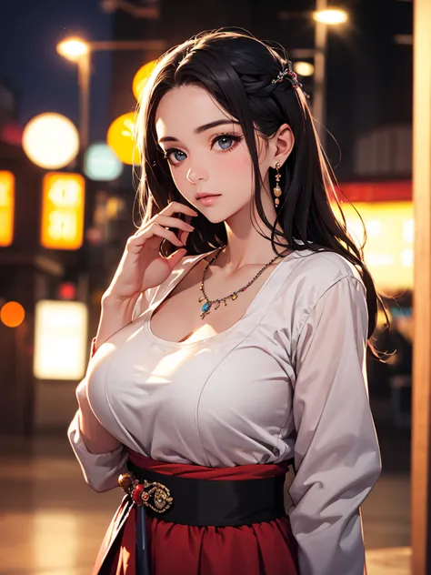best quality, masterpiece, High resolution, a girl, Hanbok, necklace, jewelry, pretty face, big breasts, more than_Body, Tyndall...