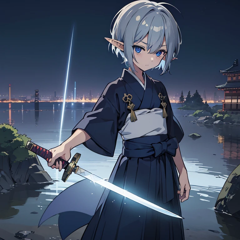 ((High resolution/high quality 8k/anime))、alone、(elf boy)、((dark blue eyes))、(light silver berry short hair)、Wearing hakama、Japanese-style scenery、prepare a sword、Staring with a sad expression、