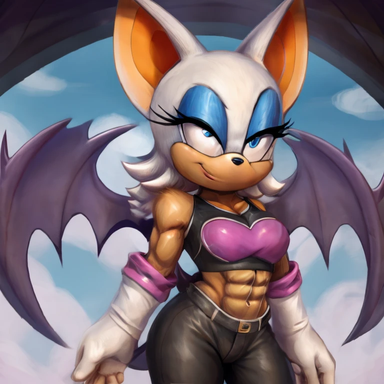 Rouge the bat with abs wearing a crop top of her classic outfit with a bare midriff and a bare navel 