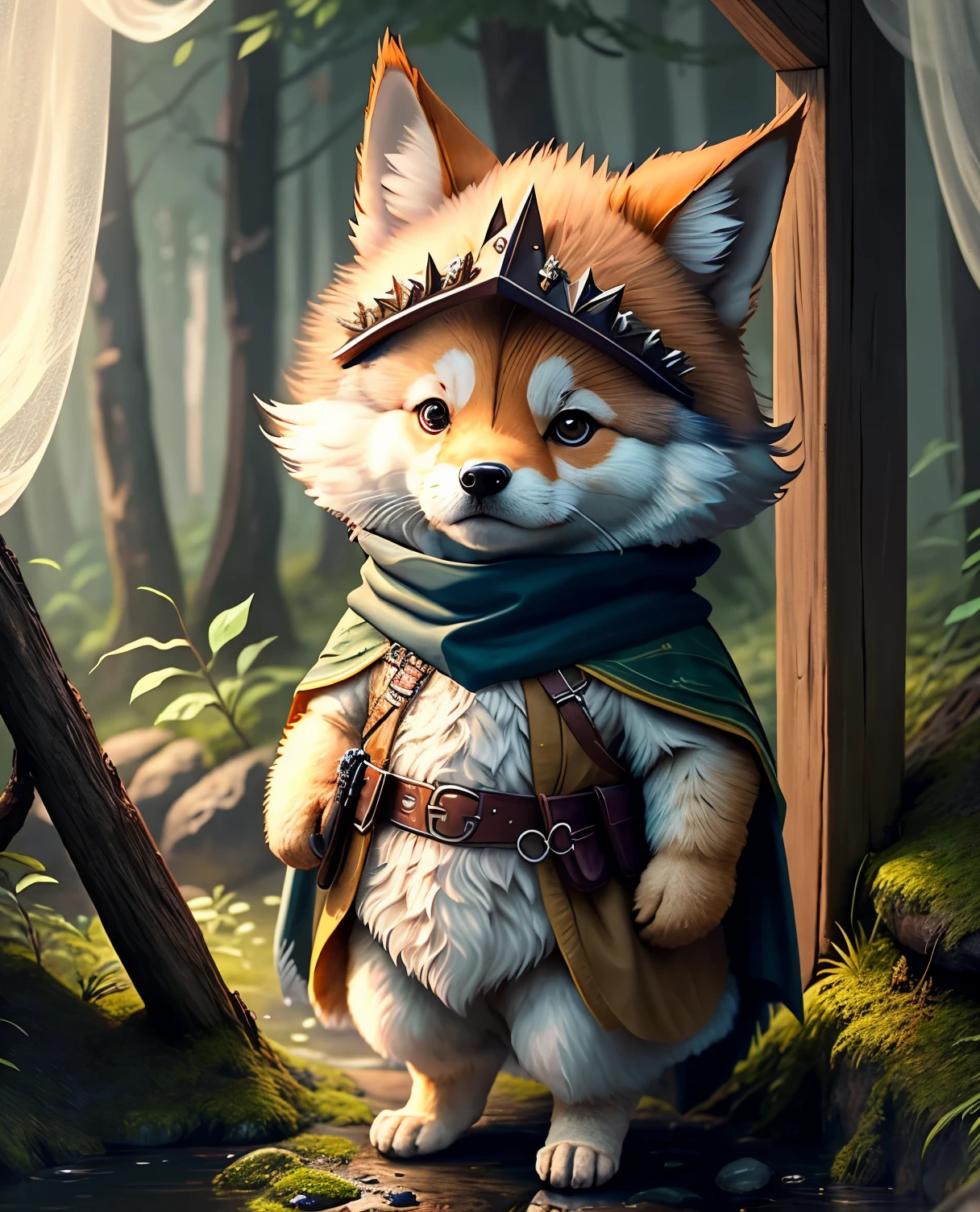 best image quality、"cute生き物たちの傑作を作成しましょう. One、Wolf、（The place is a forest）, high detail, In 8K、best image quality、dressed as an adventurer、With shuriken in hand、medieval adventurer costume、(((cute)))、