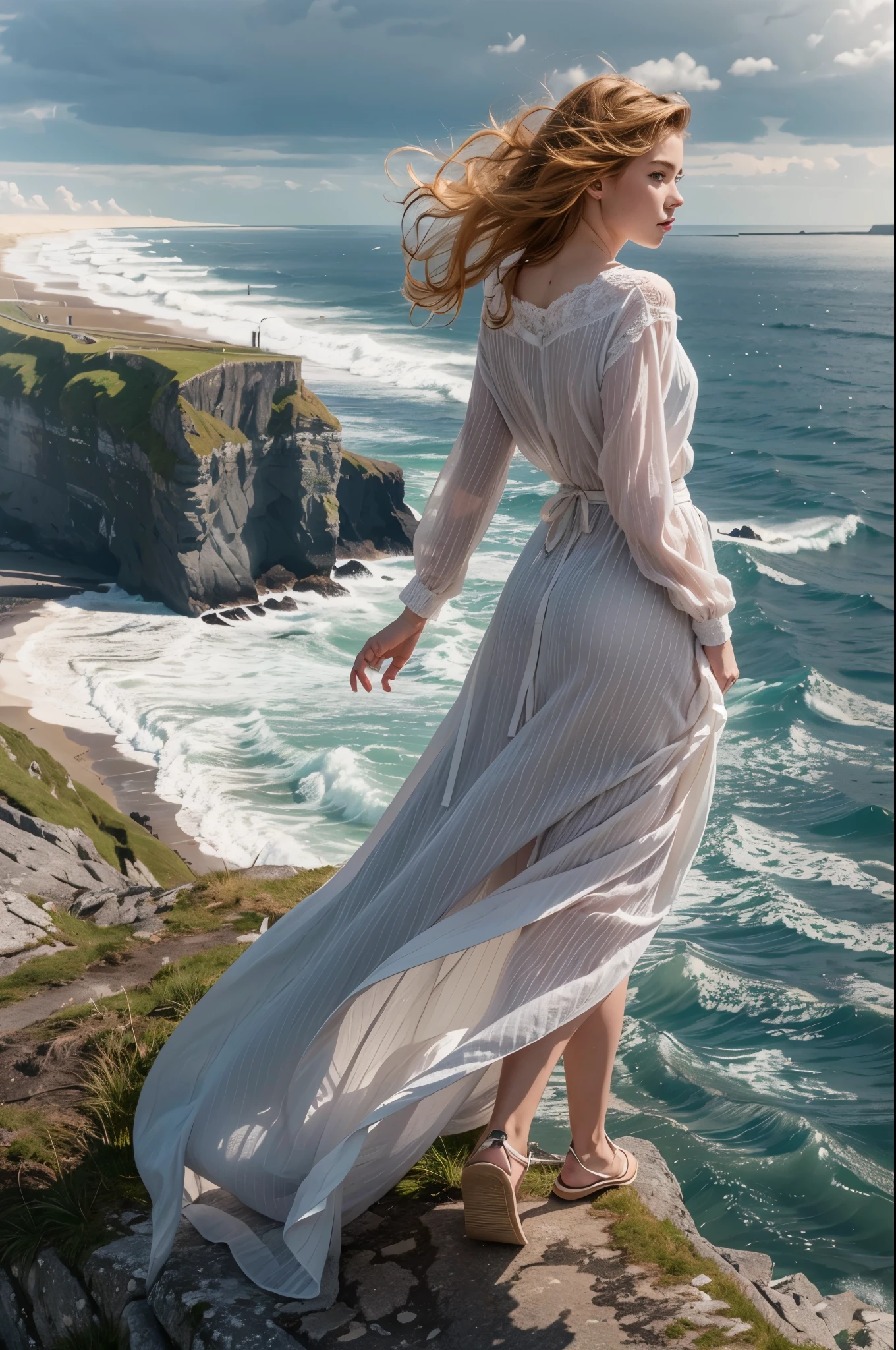 Arafed woman in a white dress standing on a cliff overlooking the ocean -  SeaArt AI