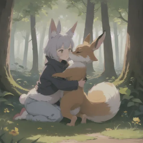 (this_shadow),
A little bunny and a little fox playing and hugging in the forest,
masterpiece,best quality,