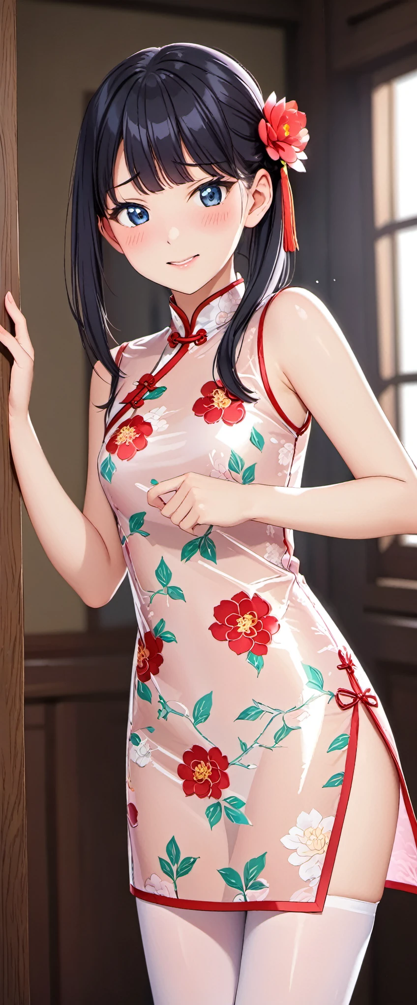 High resolution, 18 year old female , good lighting, despicable, , (No nudity), (((shiny cheongsam))),(stockings),cute face, I&#39;m embarrassed and blush, humiliating, ((See-through)),