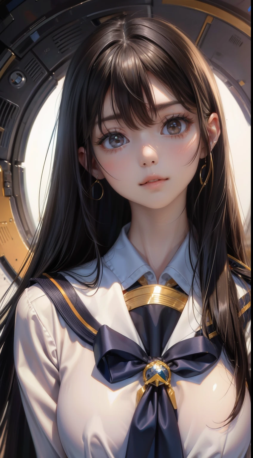 1 girl,(highly detailed skin)、best image quality,surrealist portrait,(8K),Super realistic,最high quality, high quality, High resolution, high quality texture,high detail,beautiful,become familiar with,Very detailed CG,become familiar withテクスチャー,realistic expression,masterpiece,sense of presence,dynamic,bold),long hair,(super thin hair),(super soft hair),(ultra straight hair:1.5),流した長いbangs,hair above one eye.black hair、bangs、facing forward、looking at the viewer、Two-dimensional beautiful girl、black hair、long hair、bangs、Goddess smile、cute smile、Two-dimensional beautiful girl、I、wearing a sailor suit、big breasts