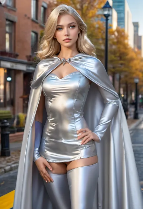 (best quality,8k,masterpiece:1.3),clear focus:1.2,beauty:1.4,abs:1.1,blonde hair,(ankle length silver satin cape:1.4),outdoor ni...