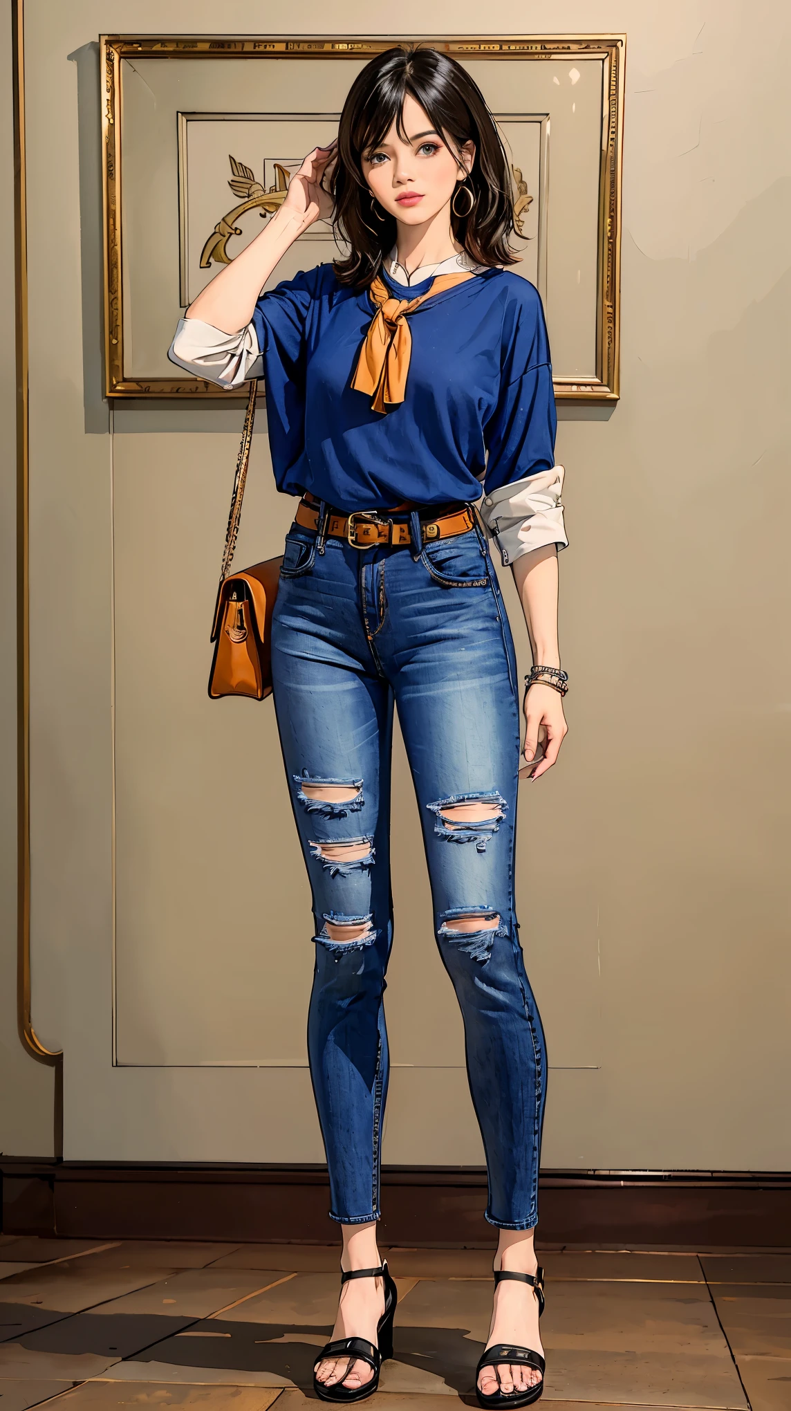 ((best quality,4k,highres,masterpiece:1.2)),((character concept art)), 1 female, age 17. For a casual weekend outfit, (((she's dressed in a relaxed yet chic ensemble by Hermes. She's wearing a simple white Hermes silk blouse paired with the brand's iconic high-waisted, belted denim jeans))). The outfit is completed with a pair of comfortable Hermes Oran sandals, perfect for a casual weekend outing. Her accessories include a classic Hermes Evelyne cross-body bag and a stylish Hermes enamel bangle. Despite the casual nature of her outfit, her style exudes an air of effortless elegance and sophistication that is characteristic of the Hermes brand. ((intricate detail)), super finely detailed hands, ultra finely detailed fingers(((ten fingers))), (standing casually), (full body showcase), (show full body), (no logos on background), (no logo), ((plain background)), ((plain background)), (((empty background))).