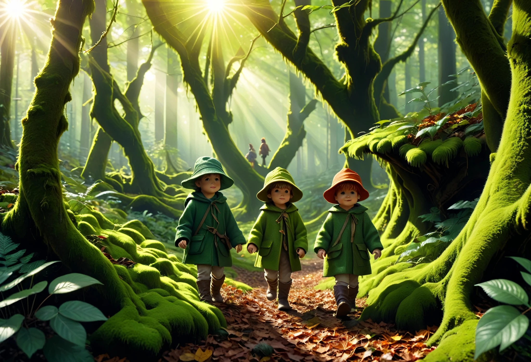 Petits personnages marchant à travers l'épaisseur, branches d'arbres recouvertes de mousse、Les petits personnages portent des vêtements en feuilles、dans la forêt profonde、le soleil&#39;les rayons du soleil brillent à travers la forêt、Haute définition、haute résolution、Rendu des couleurs élevé、haute résolution、super réaliste、photo réaliste 