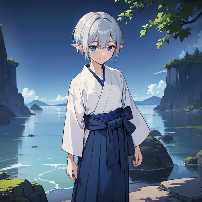 ((High resolution/high quality 8k/anime))、alone、(elf man)、((dark blue eyes))、(light silver berry short hair)、Wearing men&#39;s hakama、Japanese-style scenery、smile quietly