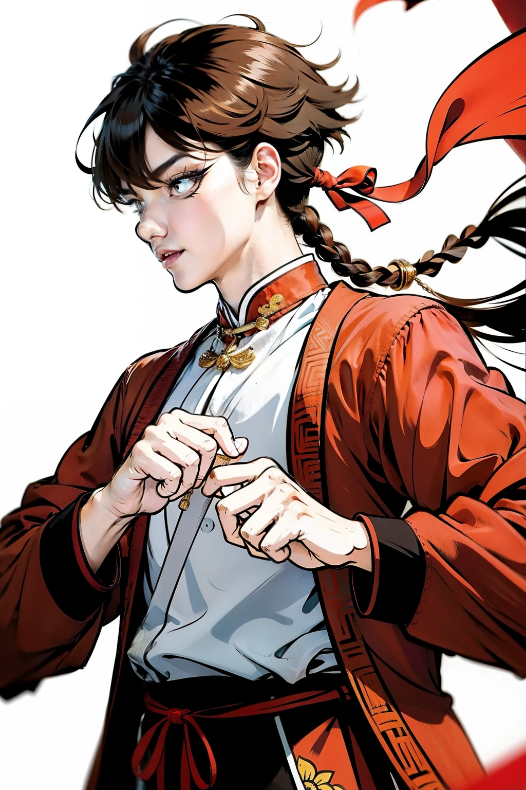 ((best quality)), ((masterpiece)), (detailed), perfect face，1 Chinese ancient style boy，Height 1cm，Fluffy brown hair，golden eyes，M-shaped bangs，A short, medium-length braid tied behind the head，Lightweight white Zhongshan style suit，People who practice martial arts，general，Holding a Chinese spear tied with a red rope，stand upright，vigilante