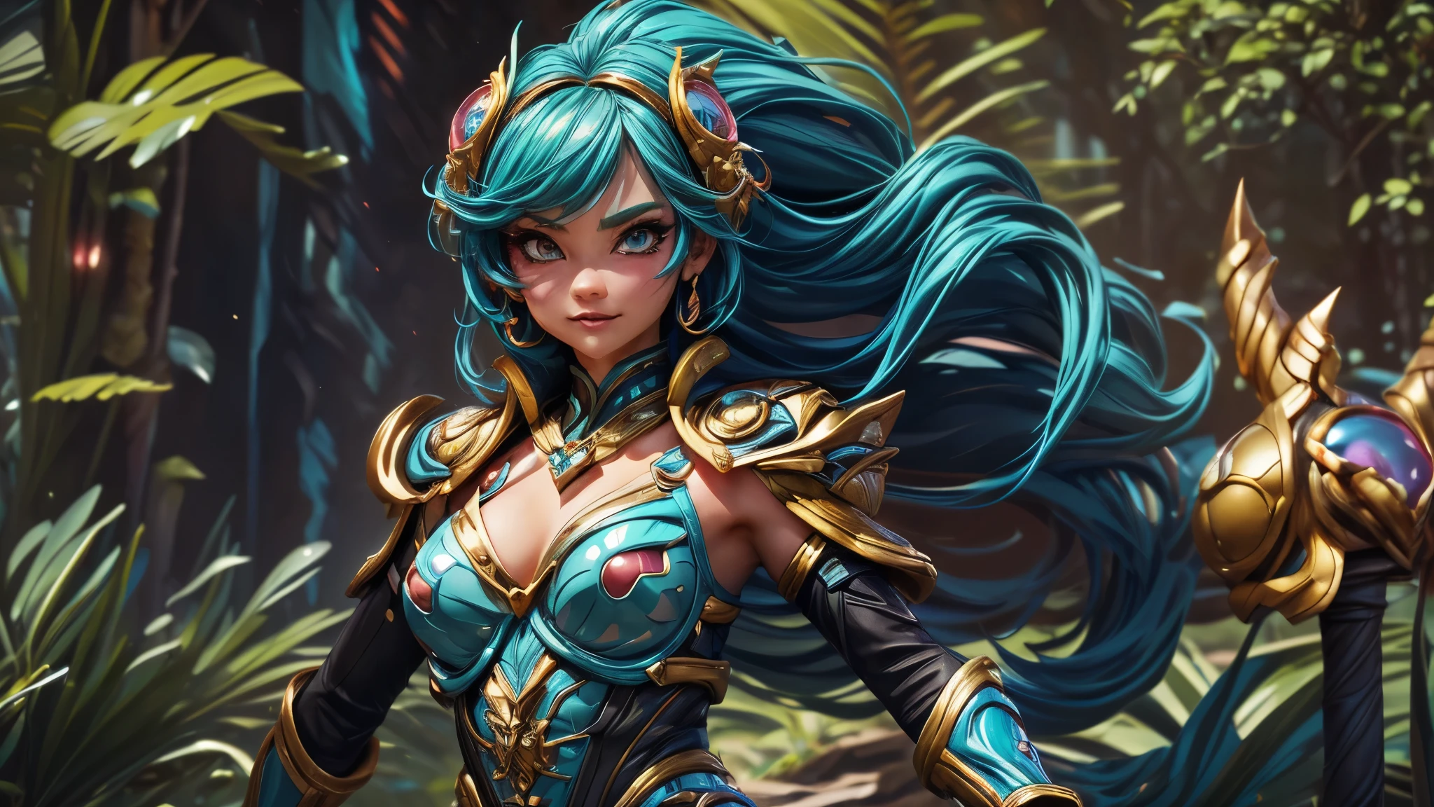 (best quality,4k,8k,highres,masterpiece:1.2),ultra-detailed, Alien Princess, with water powers and wave themed coral armor, log aqua color hair, Female Commander Invading a city with her Ranger troops behind her, strutting her stuff, Smiling and laughing, Flirting with the viewer, HDR, 8k, absurdres, cinestill 800, sharp focus, add_detail:3 (solo woman) anime Villainess, wideshot, widescreen, focus on subject