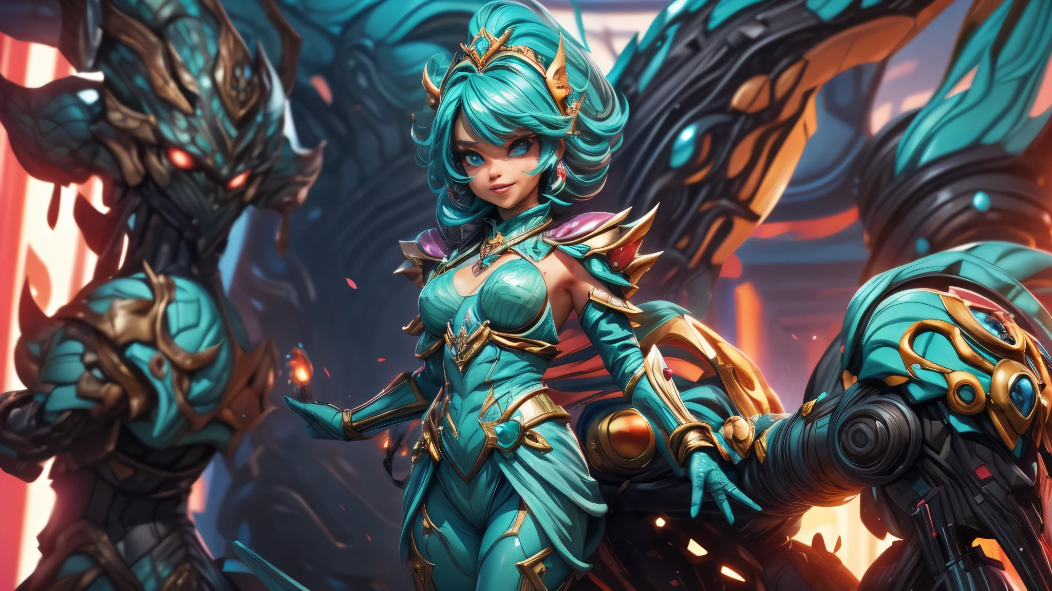 (best quality,4k,8k,highres,masterpiece:1.2),ultra-detailed, Alien Princess, miamalkova, with water powers and wave themed coral armor, log aqua color hair, Female Commander Invading a city with her Ranger troops behind her, strutting her stuff, Smiling and laughing, Flirting with the viewer, HDR, 8k, absurdres, cinestill 800, sharp focus, add_detail:3 (solo woman) anime Villainess, wideshot, widescreen, focus on subject