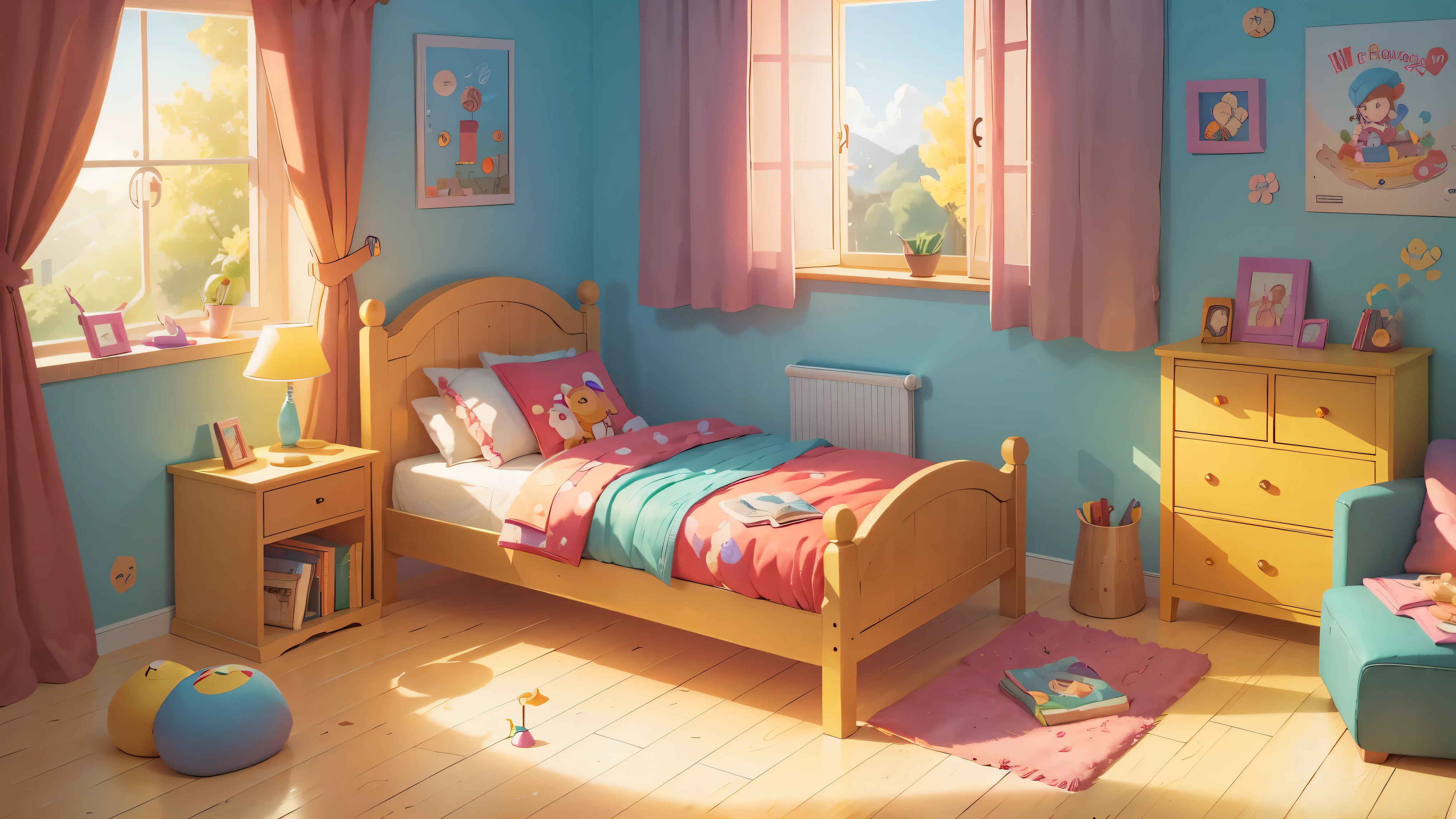 ((明亮的)), (rich 明亮的 colors), 卡通兒童房位於一棟木屋內，有床和玩具, a 明亮的 sunny day, 明亮的 curtains on a round window, children's 明亮的 posters on wooden walls, 兒童櫃子，裡面有書和玩具, 絨毛玩具, 舒適, 細緻的背景藝術品傑作, 手機遊戲背景, 風景藝術詳細, 詳細的遊戲藝術, 8K