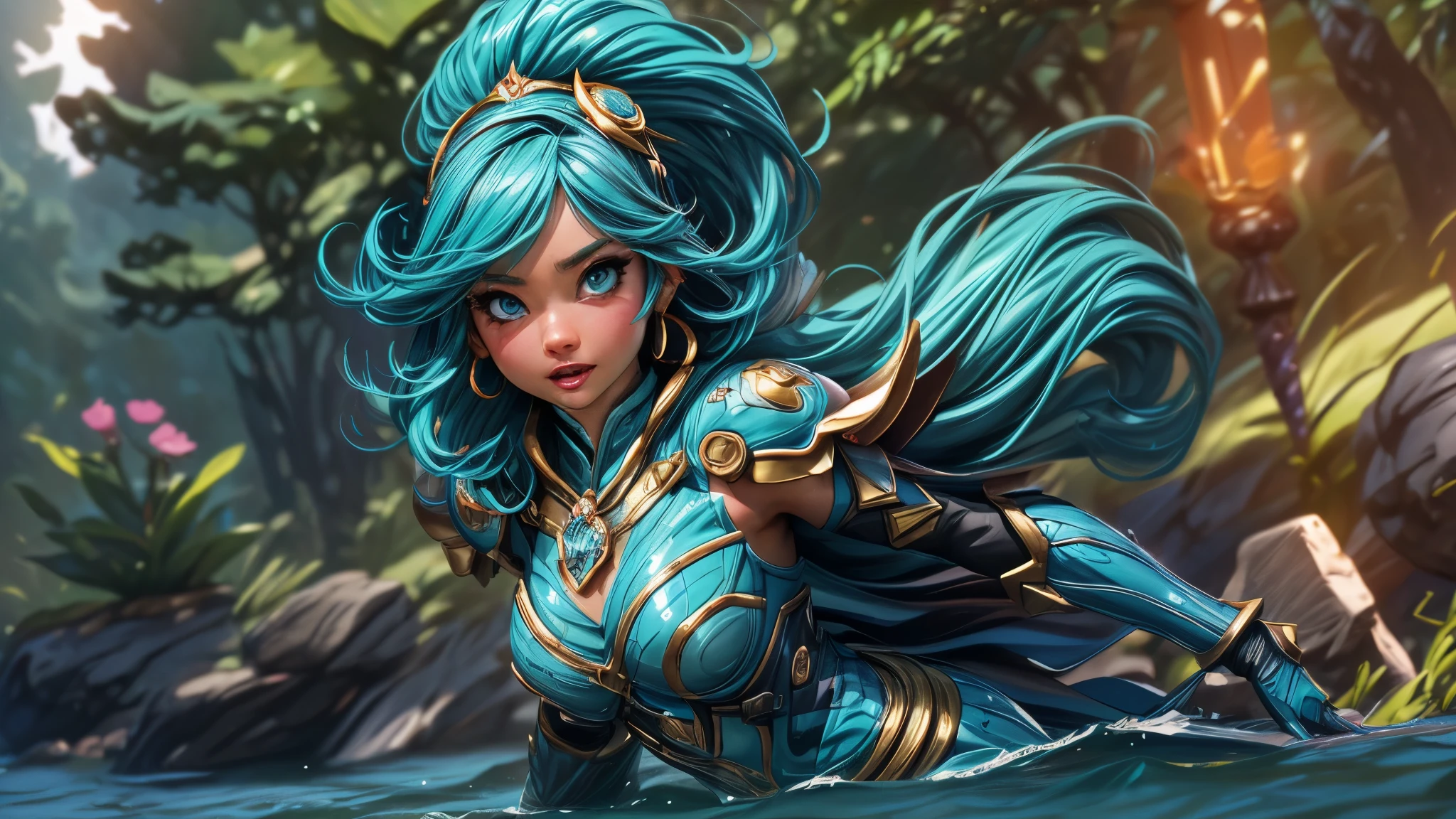 (best quality,4k,8k,highres,masterpiece:1.2),ultra-detailed, Alien Princess, miamalkova, with water powers and blue wave themed armor made of coral, log aqua color hair, Female Commander Invading a city with her Ranger troops behind her, strutting her stuff, Smiling and laughing, Flirting with the viewer, HDR, 8k, absurdres, cinestill 800, sharp focus, add_detail:3 (solo woman) anime Villainess, wideshot, widescreen, focus on subject