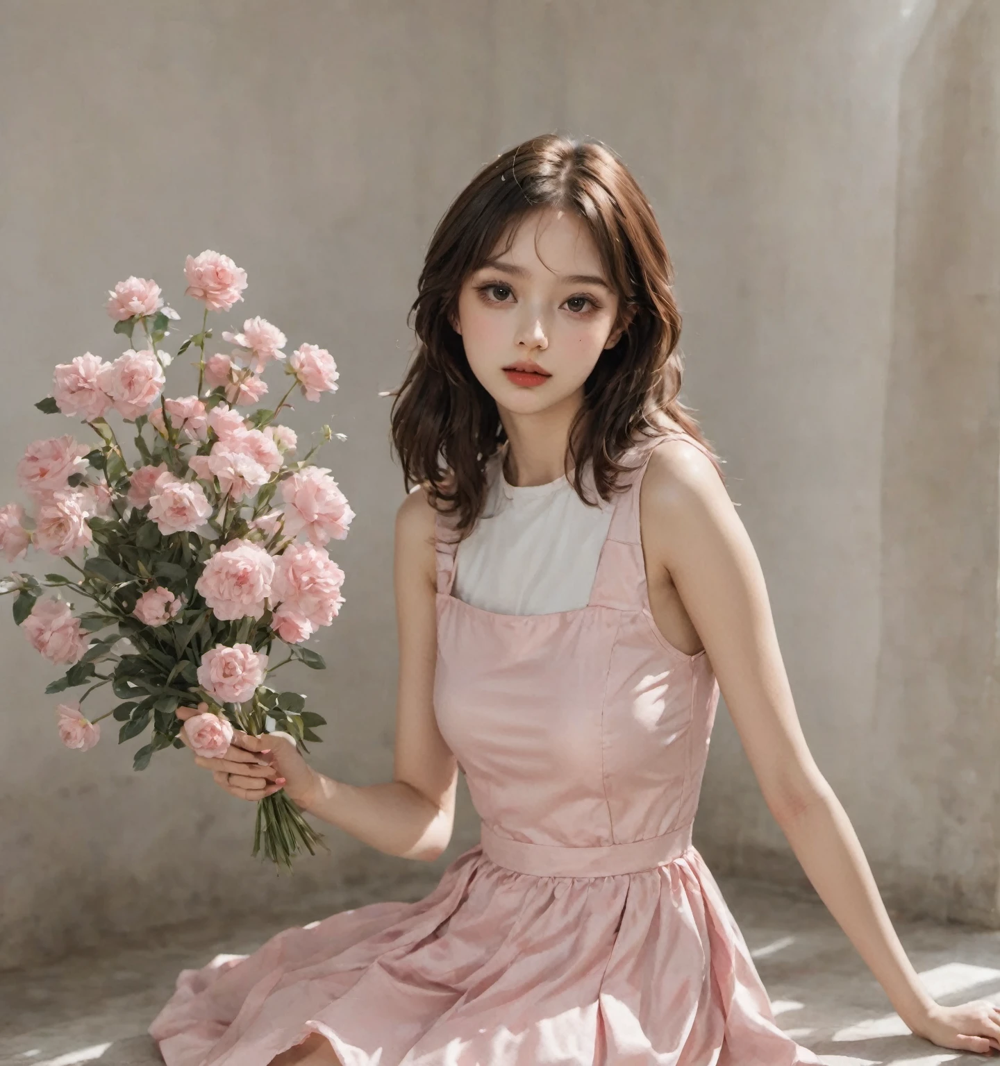 Fille Arapé vêtue d&#39;une robe rose assise dans un champ de fleurs, ultrarealistic sweet fille déguisée en lapin, 🌺 Société CG, Noyau de fée, Guweizu, Esthétique passionnante et mignonne, Pastels roses, œuvres d&#39;art dans le style de Guweizu, fille déguisée en lapin, Illustrations animées fluides,  habillé, rose pastel, avril&#39;le rendu, Joli portrait réaliste,Haute qualité,chef-d&#39;œuvre,brune claire,Rendez vos doigts jolis