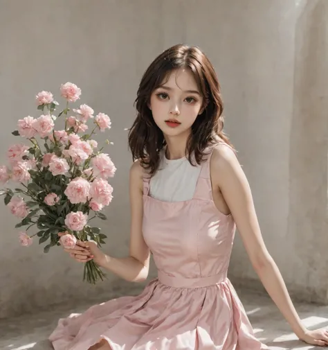 Arapé girl wearing a pink dress sitting in a flower field, ultrarealistic sweet bunny girl, 🌺 CG Society, fairy core, Guweizu, E...