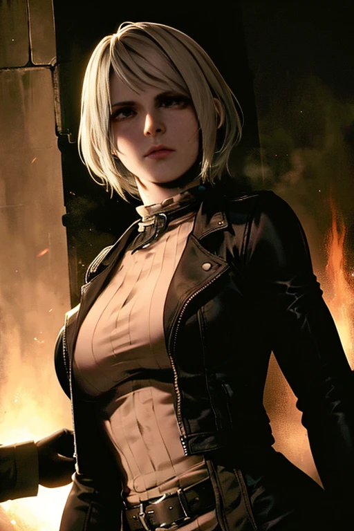 Ashley,Leon,Resident Evil 4,costume,detailed eyes and face,dressed up,nervous expression,action,night scene,emerging from shadows,foggy atmosphere,city street backdrop,urban setting,tense atmosphere,dark and gritty,realistic lighting,photorealistic,bokeh,highres,ultra-detailed,professional,sharp focus,vivid colors,Wesker lurking in background,handgun,flashlight,panic,struggling to survive,suspense,horror,thrilling,adventure