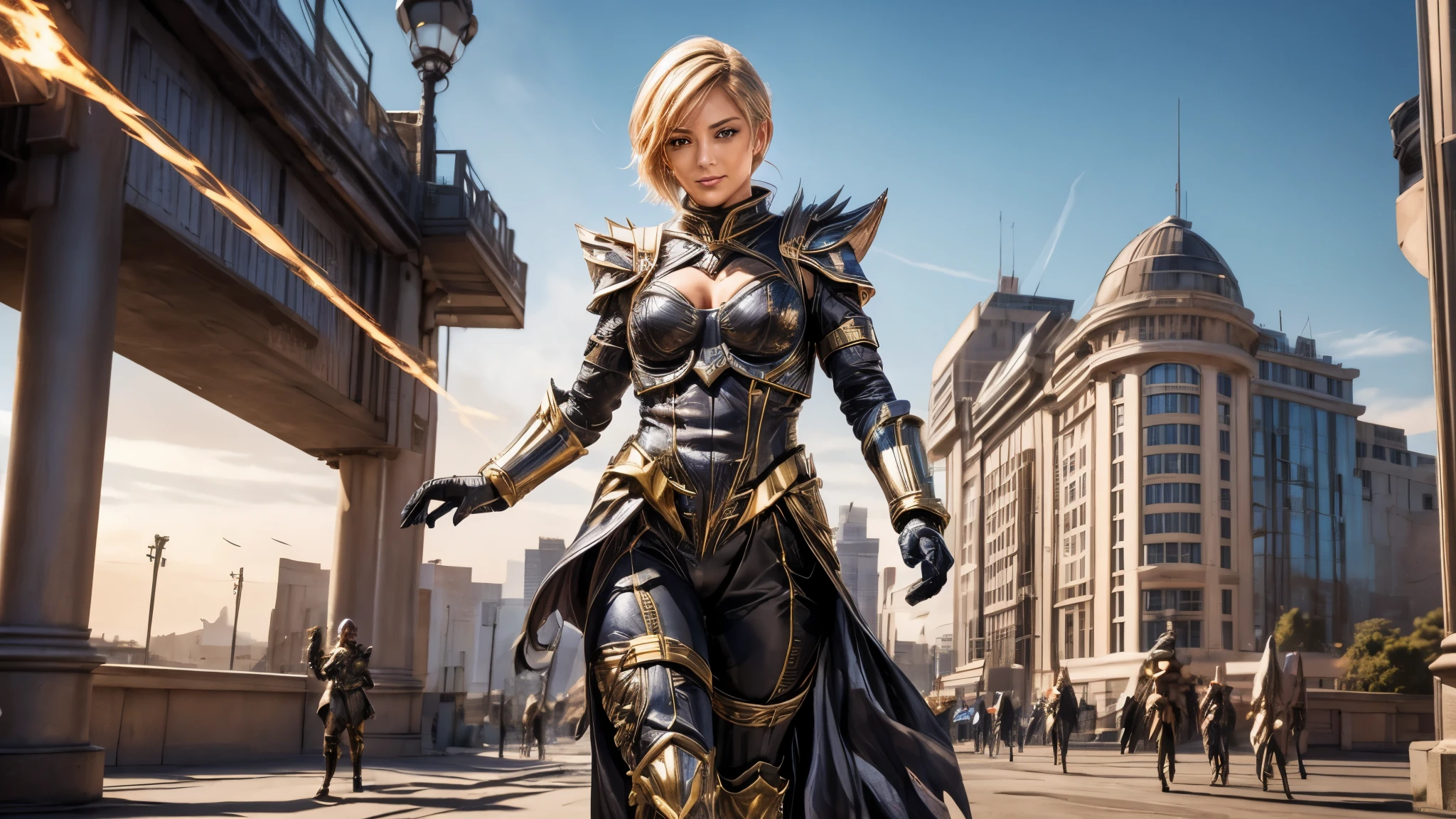 (best quality,4k,8k,highres,masterpiece:1.2),ultra-detailed, Alien Princess, with lightning powers and stylized golden electric armor, short blond hair, Female Commander Invading a city with her Ranger troops behind her, strutting her stuff, Smiling and laughing, Flirting with the viewer, HDR, 8k, absurdres, cinestill 800, sharp focus, add_detail:3 (solo woman) anime Villainess, wideshot, widescreen, focus on subject