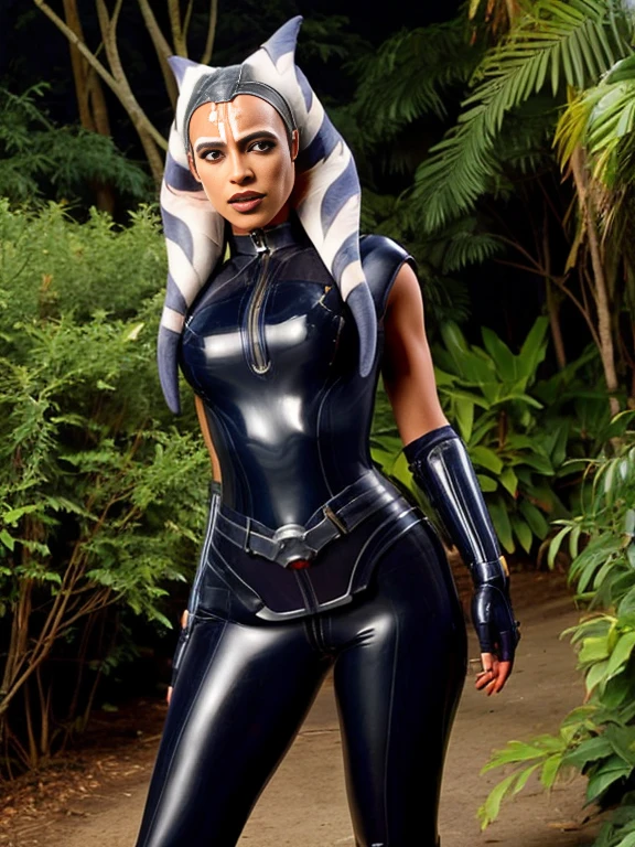 ahsoka, helmet with red visor, cape, armor,black gloves,tight latex bodysuit,black cape,black pants, BREAK close-up, solo, standing, front view, medium breasts, hands on hips, wide hips, BREAK x3dce, 3d, jungle background, dense vegetation, rain, night, night sky,
