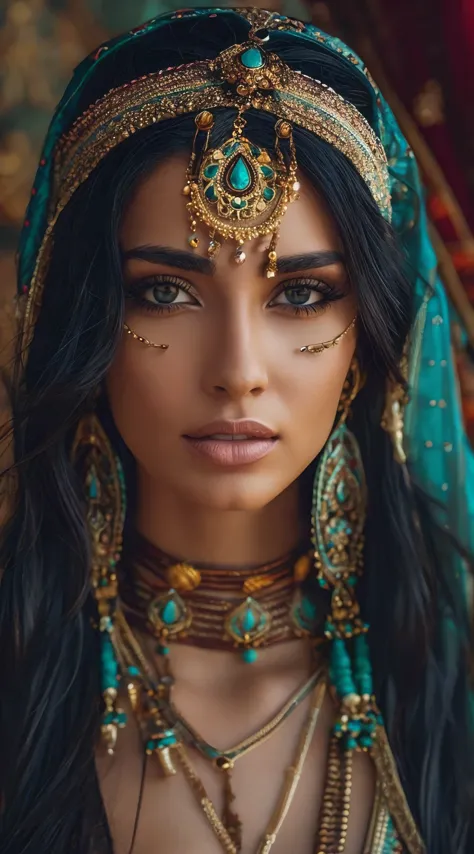 A beautiful middle eastern woman with long black hair, wearing an intricate head dress and gold jewelry. She has long eyelashes ...