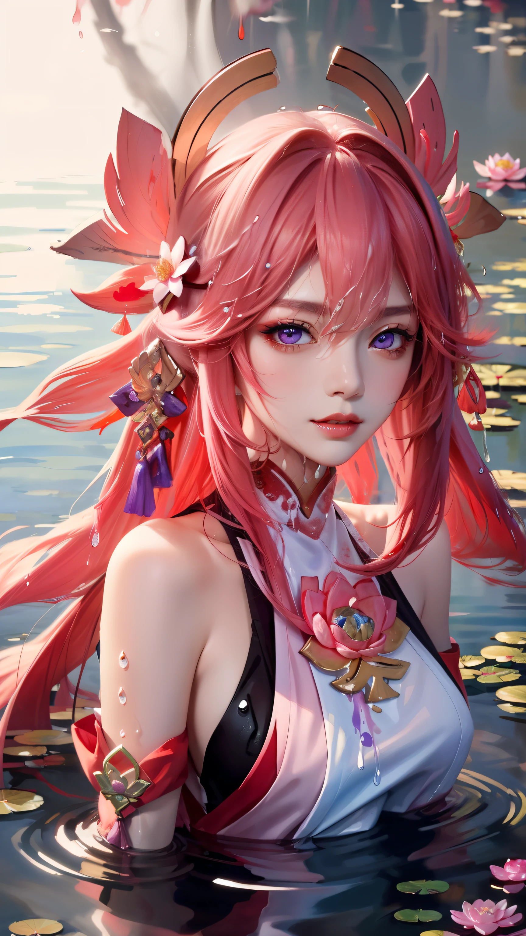 (masterpiece, best quality, high resolution), Colorful background, ((paint splash, splash of color, splash ink, splash of color)), sweet chinese girl, pink hair,headgear，long hair，purple eyes， pink lips, front, Upper body，Lotus in the background, lotus in water