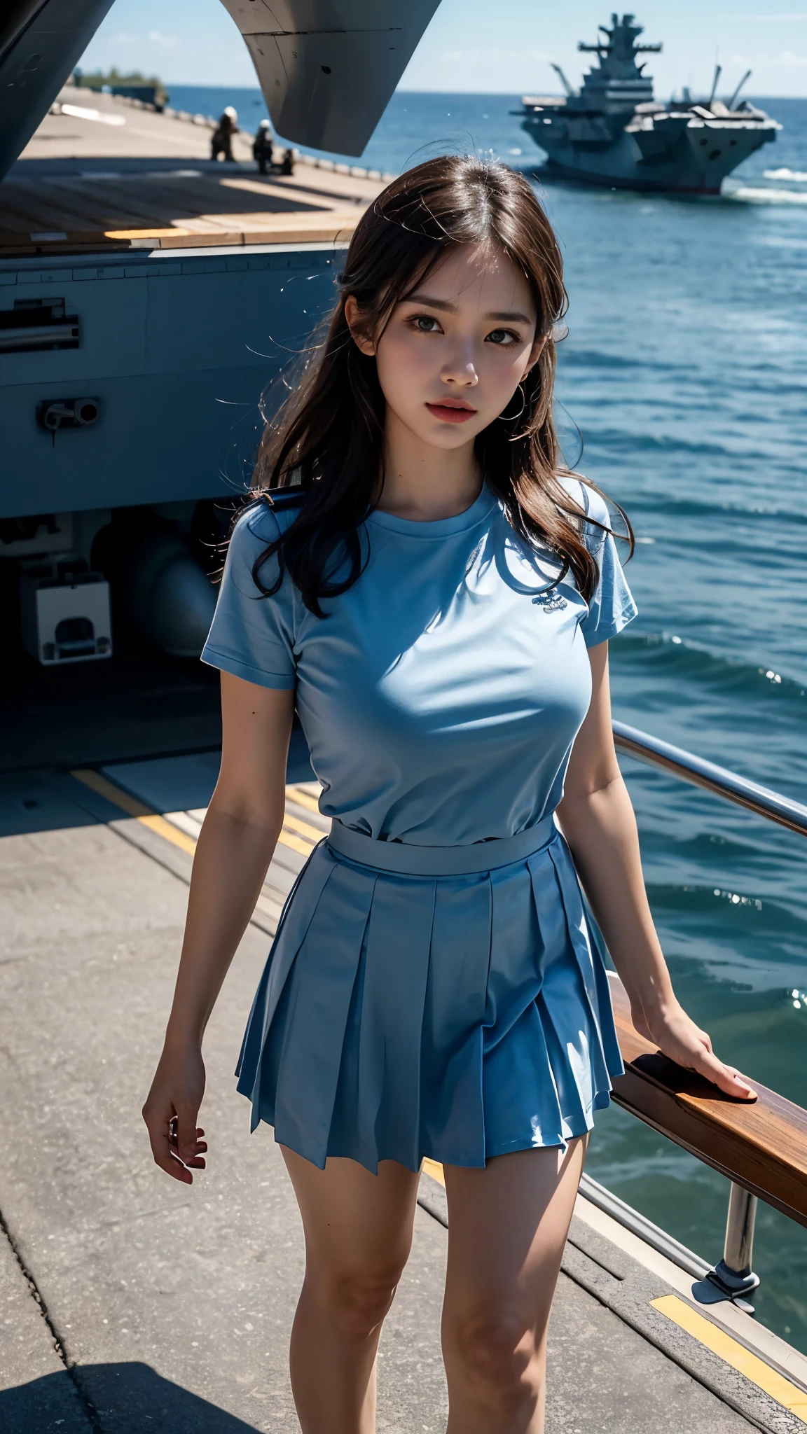 8k, highest quality, ultra detailed:1.37), Ray Tracing , Unity 8k wallpaper, ((18 years)), a beautiful Asian girl, ((proudly stands in a Aircraft Carrier Deck)), representing her  as a Navy Pilot, ((She wears a fitted Luxury Purple T-shirt)), ((Luxury above Knee length pleated Satin Blue skirt)), The high-resolution image captures ultra-detailed realism, highlighting Eliana's determined expression, piercing eyes, and confident stance. The backdrop showcase Aircraft carriers, adding to the authenticity and significance of the image. This visually striking representation showcases Eliana's strength and dedication as a Navy pilot, Big ship, ((Blue sea)), (((Aircraft Carrier Deck))), Fighter Jets, Army Helicopter, Chinook Helicopter, ((Detailed face)), ((Perfect body figure)), ((Detailed hair)), ((Detailed Dress)), ((Detailed background)), ((detailed skin)), ((detailed Fighter Jets)), cute knees, Aircraft carriers, Stylish looks, Perfect Young breasts under dress, realistic Skin, Perfect Angles, Ultra Realistic, Ultra HD image Clarity, fighter Jet Helmet in Hands, Eyes are very hot looks, Slightly open mouth, Ultra Realistic Face, Upper body shot, Close up shot, walking In Deck