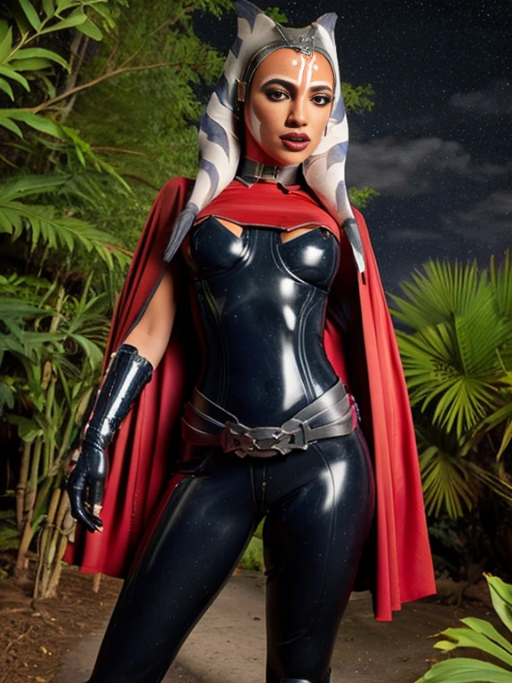 ahsoka, helmet with red visor, cape, armor,black gloves,tight latex bodysuit,black cape,black pants, BREAK close-up, solo, standing, front view, medium breasts, hands on hips, wide hips, BREAK x3dce, 3d, jungle background, dense vegetation, rain, night, night sky,
