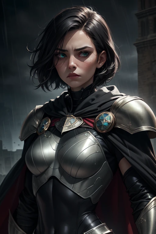 Trilla, short hair, green eyes, eye bags, eye shadow, sad expression, 
upper body,  close up,
TriArmor,cape,,armor,black gloves,tight bodysuit,black footwear,black cape,black pants,
raining,metal platform,night,
(insanely detailed, beautiful detailed face, masterpiece, best quality),