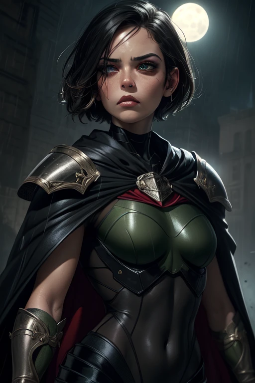 Trilla, short hair, green eyes, eye bags, eye shadow, sad expression, 
upper body,  close up,
TriArmor,cape,,armor,black gloves,tight bodysuit,black footwear,black cape,black pants,
raining,metal platform,night,
(insanely detailed, beautiful detailed face, masterpiece, best quality),