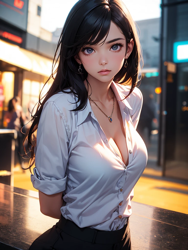 best quality, masterpiece, High resolution, a girl, Men&#39;s white collar shirt, necklace, jewelry, pretty face, big breasts, more than_Body, Tyndall effect, lifelike, dark studio, edge lighting, two-tone lighting, (HD skin: 1.2), 8K Ultra HD, SLR camera, soft light, high quality, Volumetric lighting, frank, photography, High resolution, 4K, 8K, Bokeh,