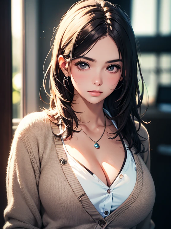 best quality, masterpiece, High resolution, a girl, white collar shirt, (Cardigan), necklace, jewelry, pretty face, big breasts, more than_Body, Tyndall effect, lifelike, dark studio, edge lighting, two-tone lighting, (HD skin: 1.2), 8K Ultra HD, SLR camera, soft light, high quality, Volumetric lighting, frank, photography, High resolution, 4K, 8K, Bokeh,