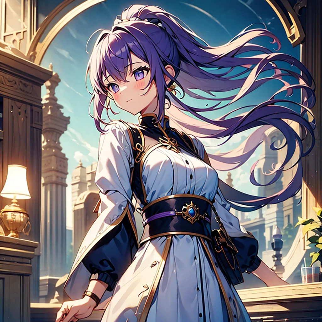 
highest quality,(highest quality)),((table top)),((perfect face)),(background blur),A girl wearing a white and light blue dress,purple eyes,purple hair, full body, ponytail,Brave,small breasts,fantasy