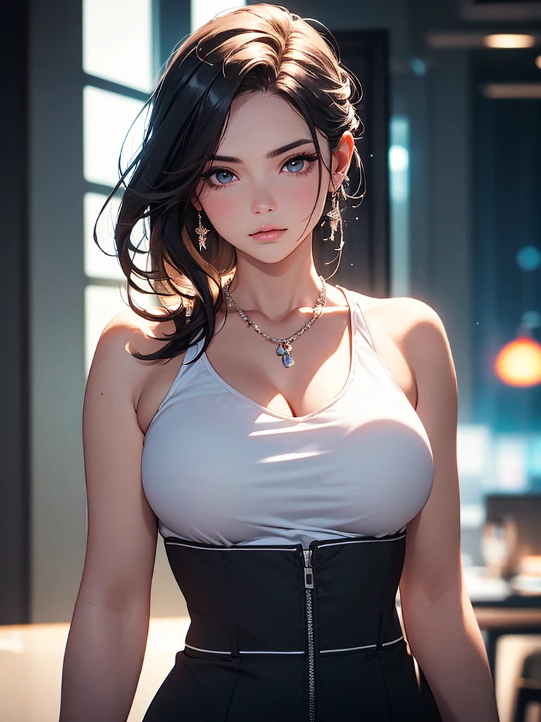 best quality, masterpiece, High resolution, a girl, thick chest vest, necklace, jewelry, pretty face, big breasts, more than_Body, Tyndall effect, lifelike, dark studio, edge lighting, two-tone lighting, (HD skin: 1.2), 8K Ultra HD, SLR camera, soft light, high quality, Volumetric lighting, frank, photography, High resolution, 4K, 8K, Bokeh,