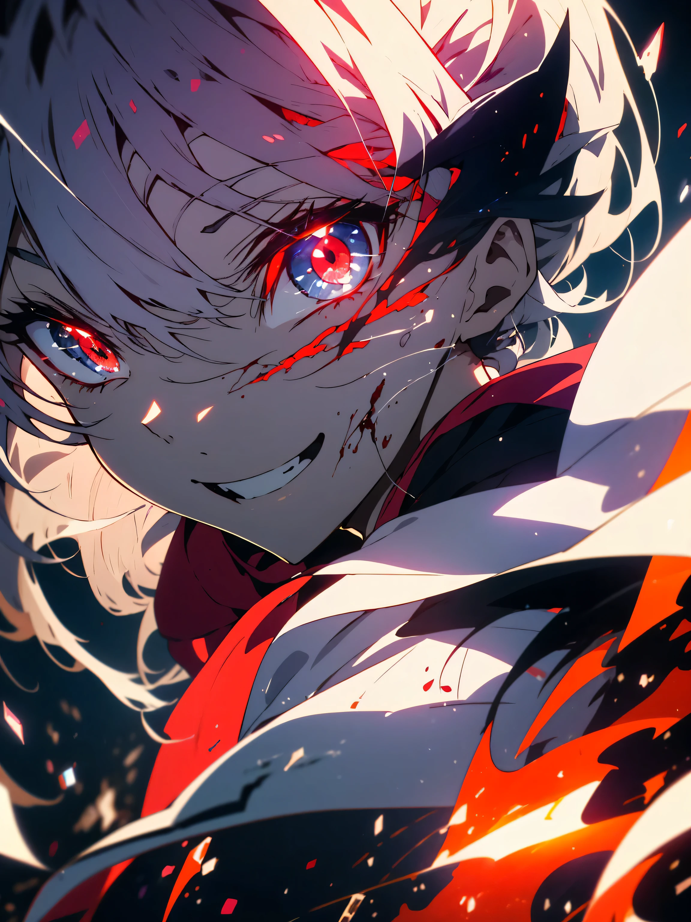 (highest quality、masterpiece、High resolution、detailed)､(Shining eyes、detailed beautiful face)、8K、1 girl, flying hair, red eyes, fire witch, blood on my face, particles of light, lightning rays, wallpaper, colorful, High Contrast 1.2, vampire, grin, evil smile, psychopathic grin, psychopathic smile, tilted head、(beautiful anime:1.4)