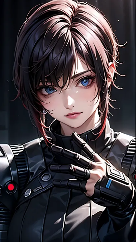 ((highest quality)), ((masterpiece)), (high detail:1.3), 3d, beautiful feces (cyber punk:1.3) colored hair、hacker woman in black...