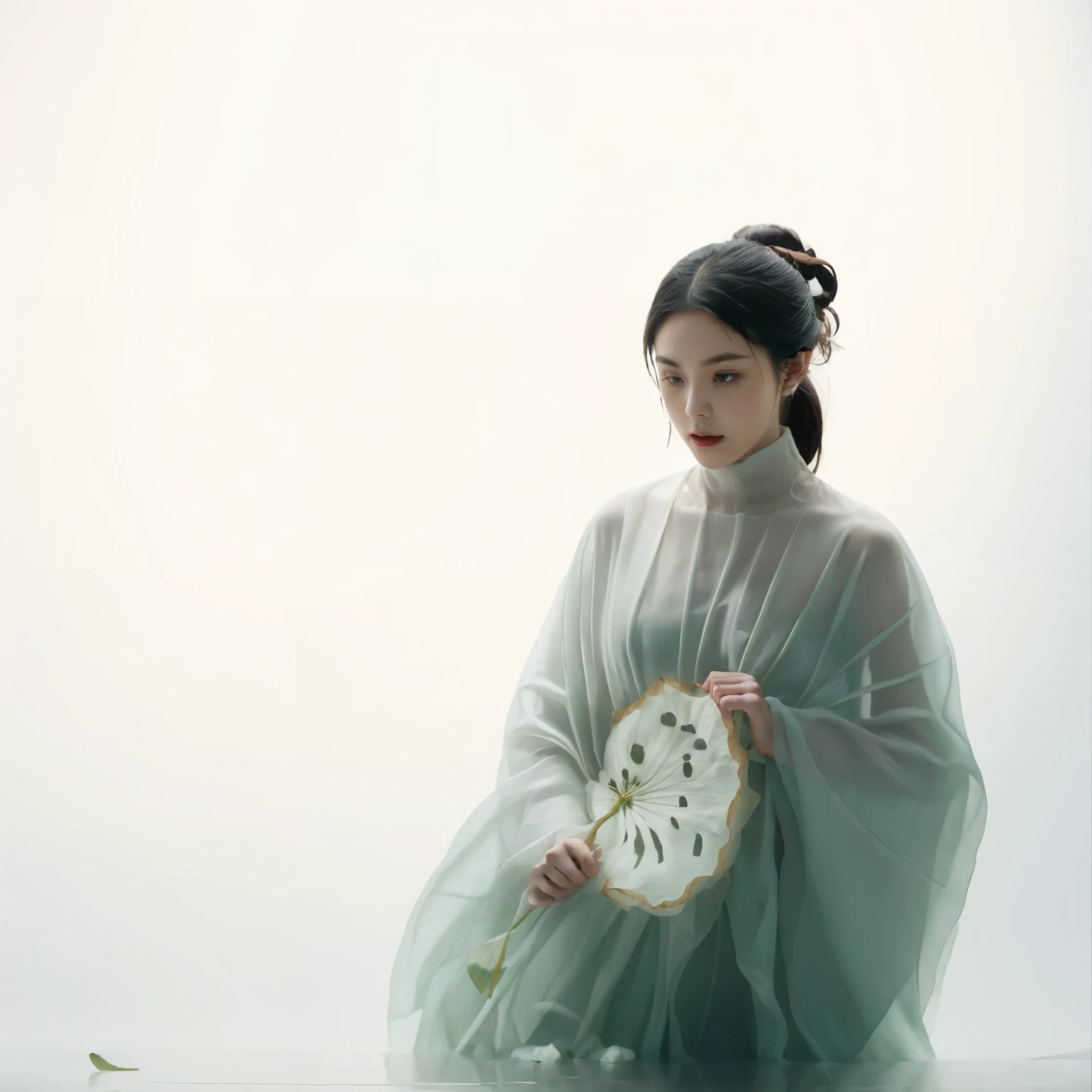 1 girl, solo, giant lotus leaves, black hair, dress, looking at the audience, white skirt, bun, sitting, single bun, leaves, long sleeves, red lips, realistic