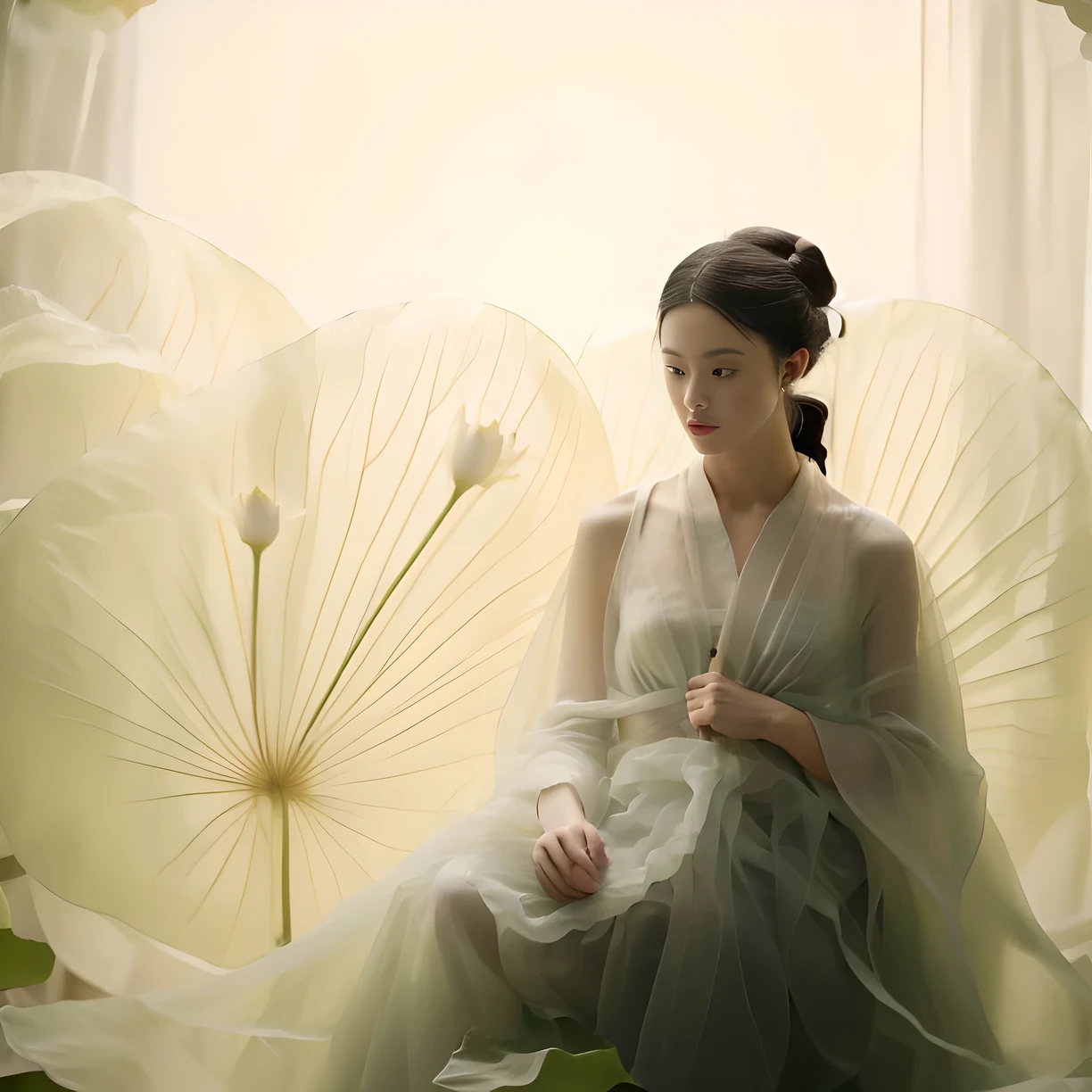 There is a lady in a white dress holding a clock, palace ， A girl wearing Hanfu, Inspired by Tang Yin, Ethereal stills, white hanfu, Inspired by Tang Yifen, ethereal beauty, hanfu, Stunning young and ethereal figure, Fantastic atmosphere and drama, Extremely beautiful and ethereal, Inspired by Qiu Ying, Soft and ethereal lighting，1 girl, solo, giant lotus leaves, black hair, dress, looking at the audience, white skirt, bun, sitting, single bun, leaves, long sleeves, red lips, realistic