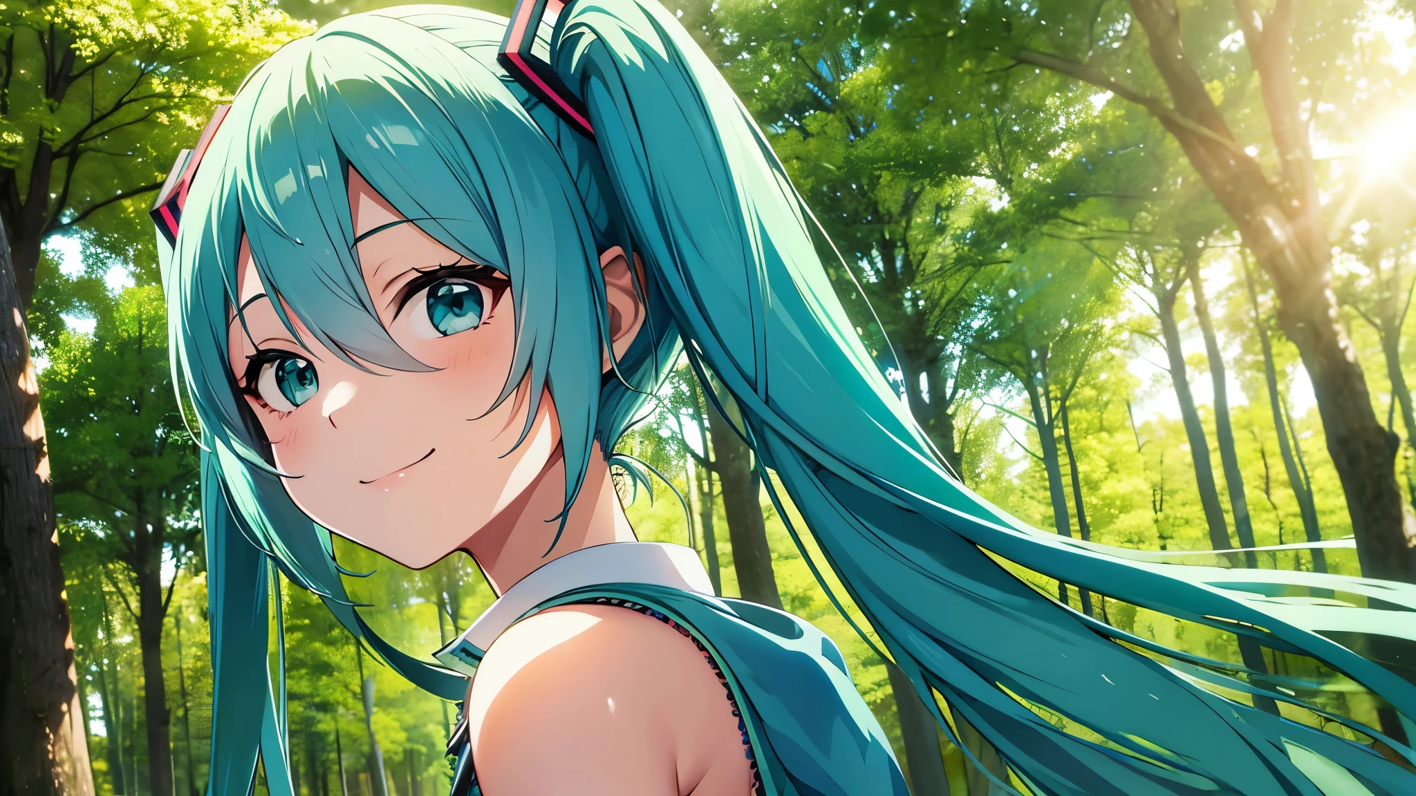 Anime characters、Hatsune Miku、looking at you with a smile、Background of  sunlight - SeaArt AI