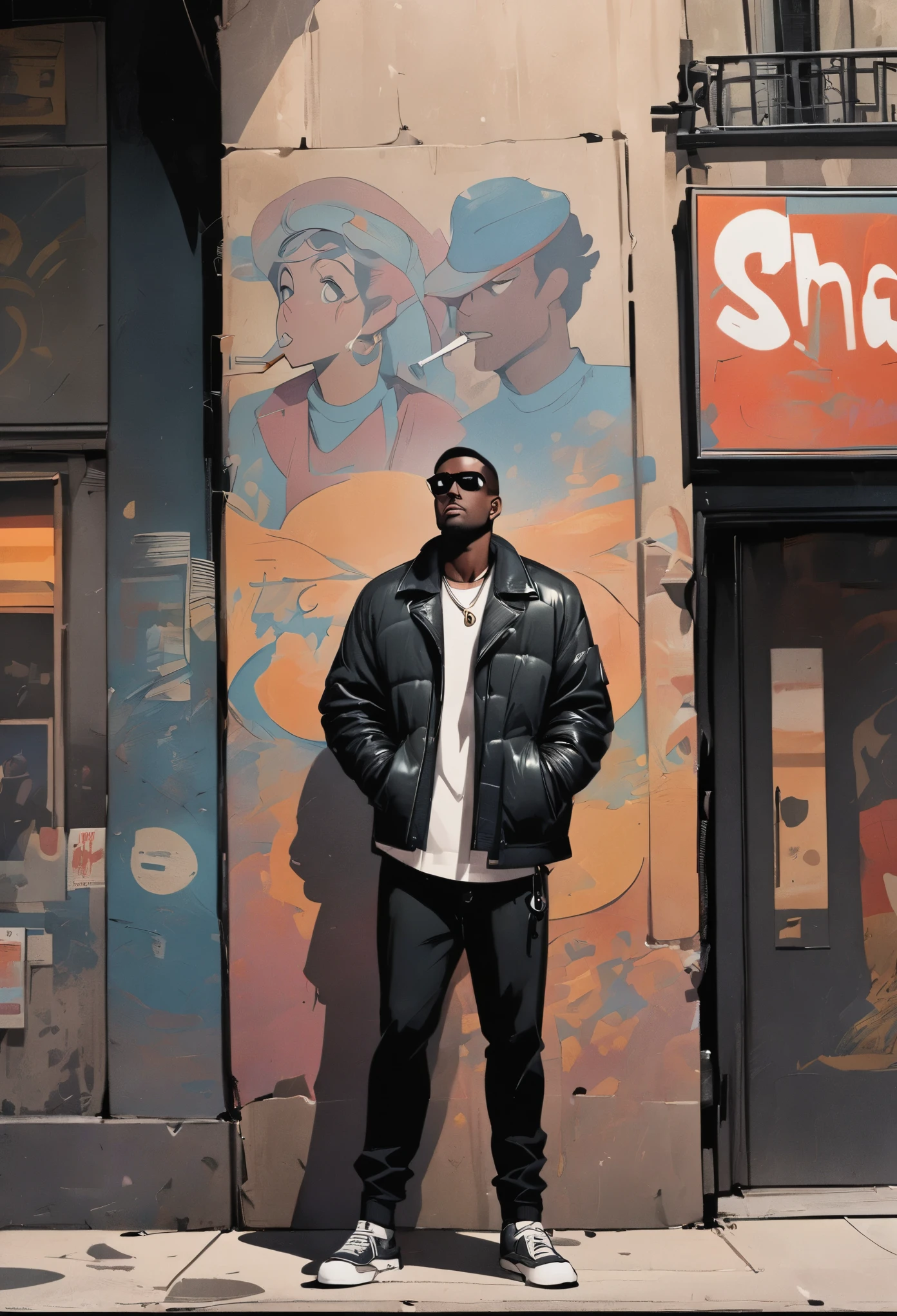 Stylish black man leaning against the wall，Standing on the street in New York smoking，American comics，Semi-thick painting