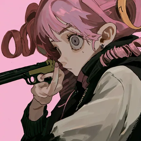 1 girl, alone,pink hair, drill hair, colored eyes, jewelry, gun black jacket, close shot