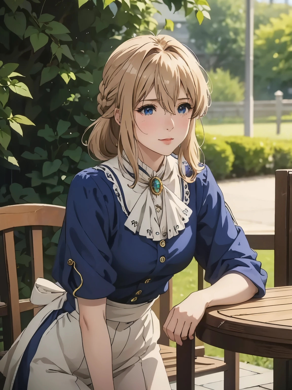 violette Evergarden,dessus de la table, sourire、tout le corps、debout、la plus haute qualité, 1 fille, seul, cheveux blond, yeux bleus, cheveux entre les yeux, Regarder le spectateur, ruban, 赤いruban, tresser, ヘアruban, t-shirt bleu, bijoux, frange, Extérieur, broche, Prise de cheveux, livre de coloriage animé, Ascot, flou background, flou, Ascot blanc, bois, bouche fermée, portrait, Jour Grastry CG détaillé, ( Anatomie parfaite),Vie、CG très détaillé, ( Anatomie parfaite),Vie感、tir de cow-boy