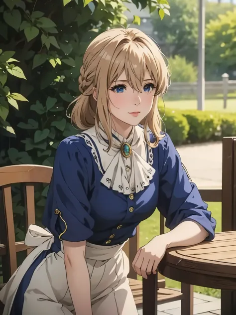 violet evergarden,table top, smile、whole body、standing、highest quality, 1 girl, alone, blonde hair, blue eyes, hair between eyes...