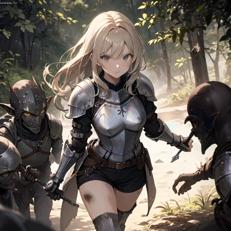 A female knight, (in forest), wearing armored clothes, metal armor, night, details face, , shorts, surrounded by goblins, various weapons, dirty, bdsm, tied wrist 