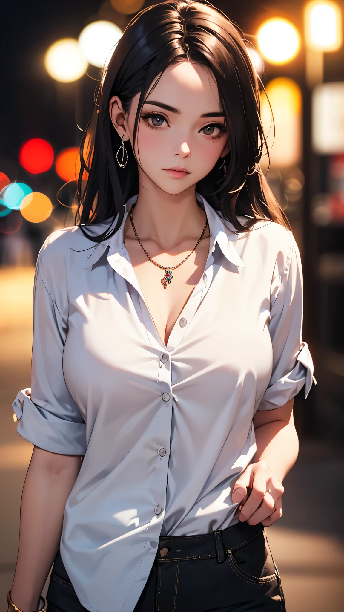 best quality, masterpiece, High resolution, a girl, Men&#39;s white collar shirt, necklace, jewelry, pretty face, big breasts, more than_Body, Tyndall effect, lifelike, dark studio, edge lighting, two-tone lighting, (HD skin: 1.2), 8K Ultra HD, SLR camera, soft light, high quality, Volumetric lighting, frank, photography, High resolution, 4K, 8K, Bokeh,