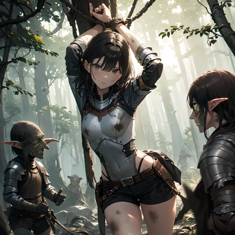 A female knight, (in forest), wearing armored clothes, metal armor, night, details face, , shorts, surrounded by goblins, various weapons, dirty, bdsm, tied wrist, hands up 