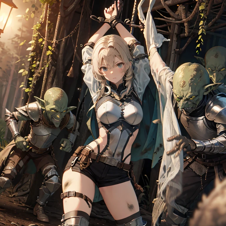 A female knight, (in forest), wearing armored clothes, metal armor, night, details face, , shorts, surrounded by goblins, various weapons, dirty, bdsm, tied wrist, hands up 