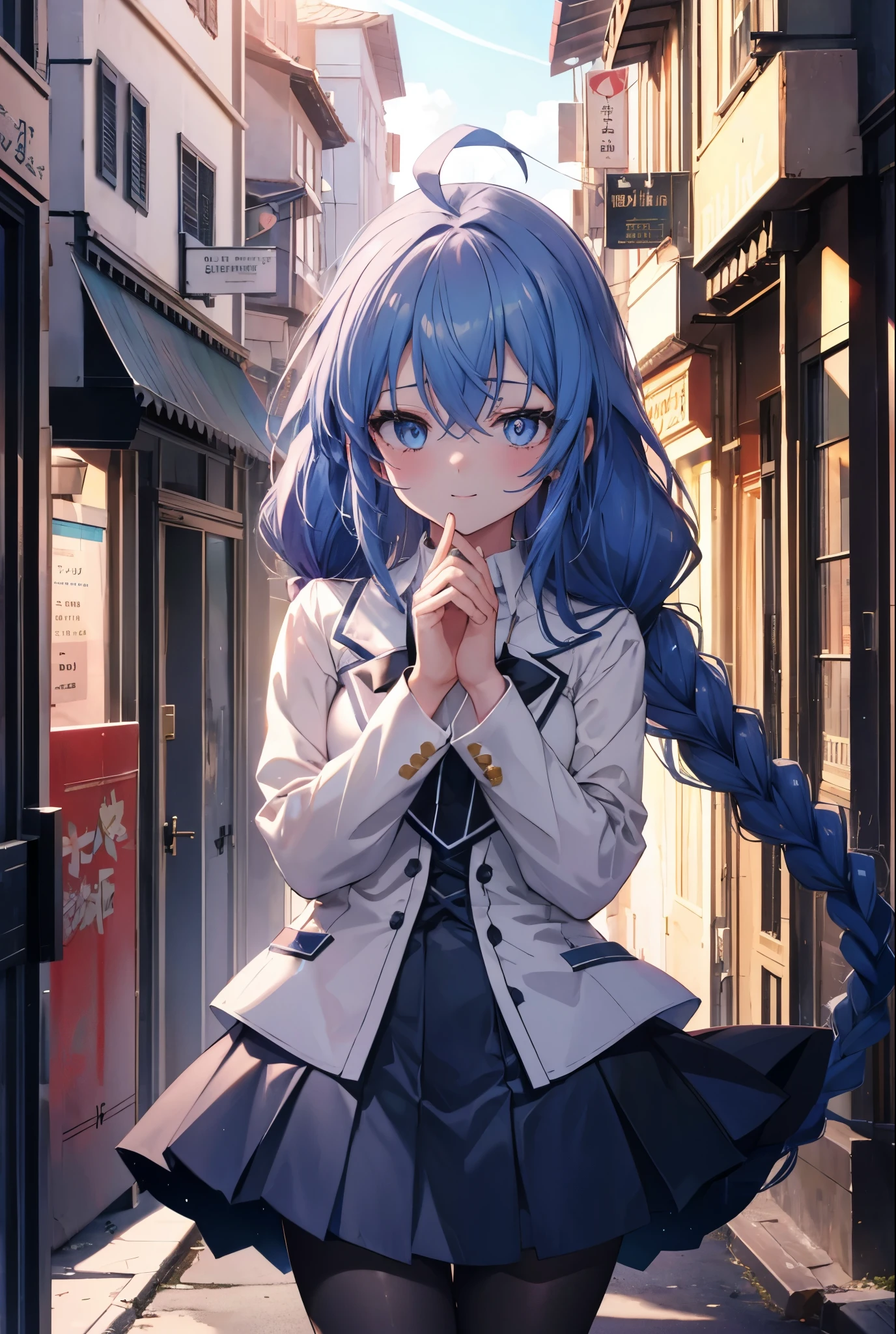 (masterpiece,intricate details),1 girl,mature woman,light _face, BREAK Roxymigurdia, Roxy, Ahoge, black ribbon, blue eyes, blue hair, Braid, hair between eyes, hair ribbon, long hair, twin Braids, very long hair,happy smile, smile, open your mouth, Destroy White Y-Shirt,Blue Blazer,Blue pleated skirt,Gray pantyhose,White Loafers,
壊す looking at viewer,
break outdoors, In town,Destroy a city of buildings (masterpiece:1.2), highest quality, High resolution, unity 8k wallpaper, (figure:0.8), (detailed and beautiful eyes:1.6), 非常に詳細なface, perfect lighting, Very detailed CG, (perfect hands, perfect anatomy),